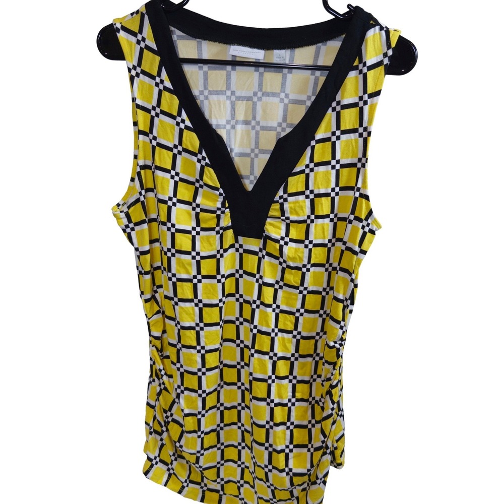 New York & Company Tank Top Large Womens V-Neck Ruched Geometric Yellow‎ Black